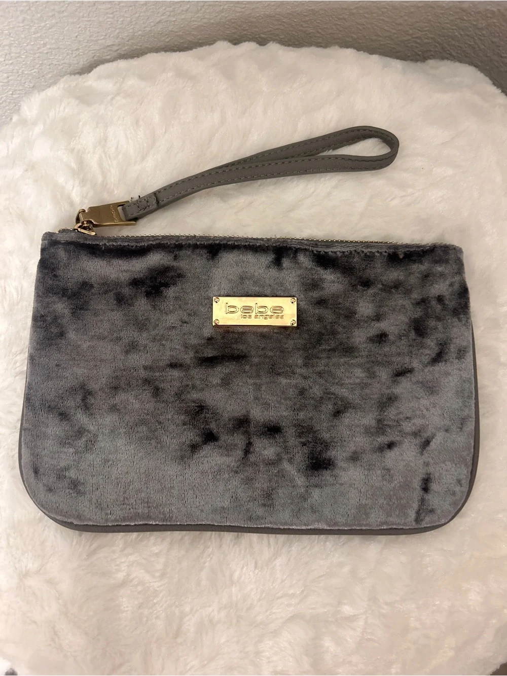 Bebe Gray Velvet Wristlet Clutch with Gold Logo
